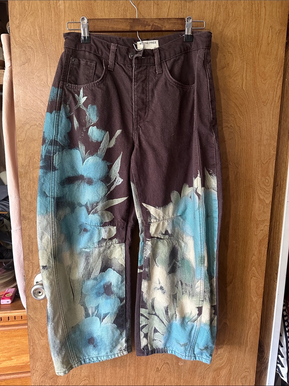 Free People Brown Jeans with Blue & Cream Floral Print — Relaxed Fit